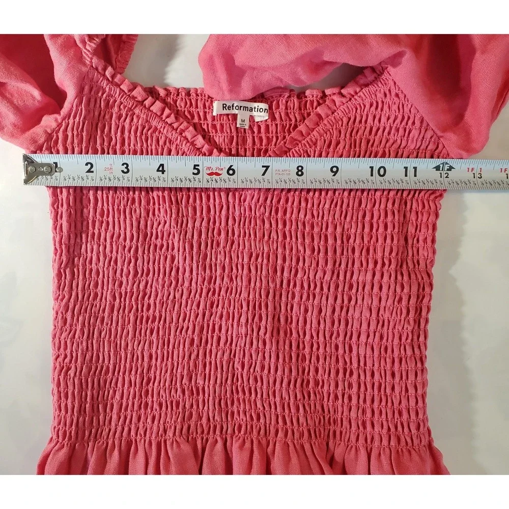 Reformation Cambria Linen Blouse Pink Peplum Sleeve Smocked Sweetheart Medium